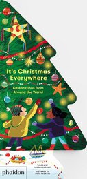  A festive children's book titled "It's Christmas Everywhere" with a colorful tree-shaped cover featuring illustrations of Christmas decorations, characters, and the book title.
