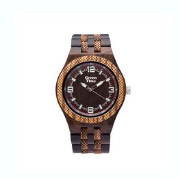 A wooden watch with a dark brown face, gold-toned accents, and a wooden band. The watch has a classic, rustic style.