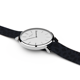 Elegant silver-toned watch with a sleek, minimalist design. Features a black leather strap and a simple, classic analog display.