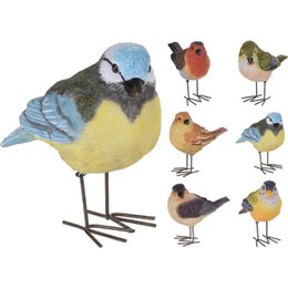  Colorful bird statues with metal legs, assorted designs including blue, yellow, red, green feathered decorative birds.
