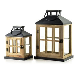  Black and natural wood lanterns, set of 2, square shape, glass panels, decorative outdoor lighting
