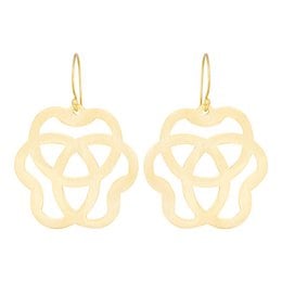 Elegant gold-tone earrings with a unique floral design. Features a delicate, open-work pattern that adds a touch of sophistication to any outfit.