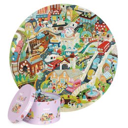 Round puzzle with colorful city life scene, featuring various buildings, vehicles, and people engaged in different activities. The puzzle has a diameter of approximately 24 inches and is suitable for ages 6 and up.