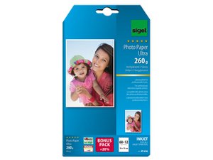 Inkjet photo paper Sigel 10x15cm Ultra 260grs super white 60+12 sheets high gloss