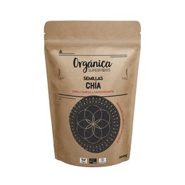 Organic chia seeds, 200g. Brown paper bag packaging with black and white label. Nutritional information and product details visible.