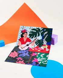 Colorful puzzle depicting a woman in a tropical setting with flowers and plants. Includes 540 pieces.