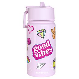  Thermo children's drinking bottle in stainless steel with a purple sticker design featuring colorful icons and the text "good vibes". The bottle is suitable for children and has a stainless steel construction for durability.