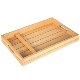 "Wooden tray with a rustic, brocante style. The tray features a rectangular shape with slats and handles for easy carrying. The natural wood material and simple design make it suitable for serving food or displaying decor."