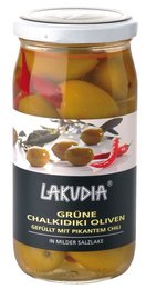 Green Halkidiki olives stuffed with chili. Olives with a mild, slightly spicy flavor. Suitable for salads, appetizers, or as a snack.