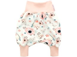 "Baby bloomers with a floral and bird print in white and dusky pink. Soft, comfortable pants for infants and toddlers."
The baby bloomers feature a delicate floral and bird print in a soft white and dusky pink color palette. The pants have a relaxed, comfortable fit and would be suitable for infants and toddlers. The print includes various flowers, leaves, and whimsical bird motifs, creating a charming, nature-inspired design.