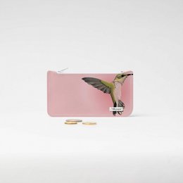 A small, pink Tyvek® change purse with a hummingbird graphic. The purse is designed to hold coins and small items.