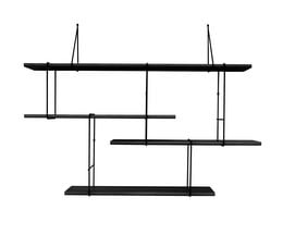 Black modular shelving unit with multiple levels and a minimalist, geometric design.