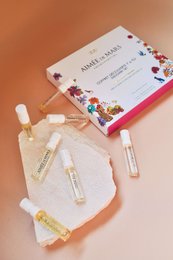 Aimee de Mars Goddesses Collection Box, a discovery set featuring a variety of floral and aromatic fragrances. Includes 7 miniature perfumes in a decorative box.