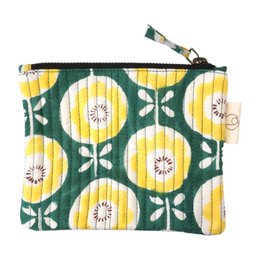  Printed cotton pouch with floral pattern in shades of teal and red. Compact size suitable for coins, cards, or small items. Durable zipper closure.