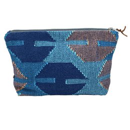  Blue and brown woven toiletry bag with geometric pattern, handmade in Nepal from Dhaka cotton.