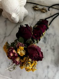 Dried burgundy and yellow floral bundle with white sage, suitable for fumigation or decoration.