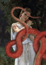 Postcard with an artistic image of a woman in a white dress holding a red heart-shaped object.
