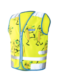 Bright yellow high-visibility safety vest for kids, featuring a comic-style veggie print design in fluorescent colors. Made of durable, breathable material with reflective strips for enhanced visibility.