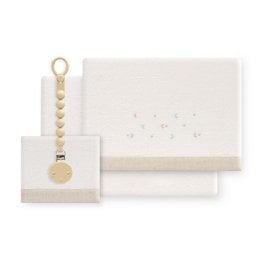 Soft, cozy coral fleece bedding set with fitted sheet, pillowcase, and pacifier holder. Includes stars and moon design for a sweet, whimsical look.