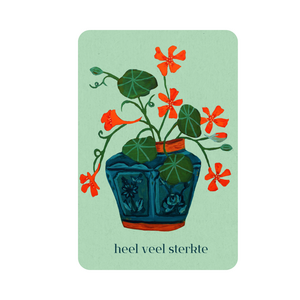 Sustainable card with text a lot of strength and green ginger pot with East Indian cherry