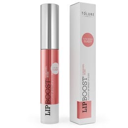 Tolure LipBoost Caramel rose 8ml, a lip makeup product with a rose-colored tint and a glossy finish.