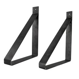 Two black metal industrial-style shelf brackets with a triangular shape and mounting holes.