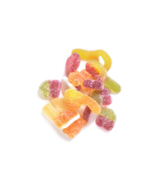Assorted sour gummy candies in various shapes and colors, including yellow, orange, and red. The candies appear to be soft and chewy.