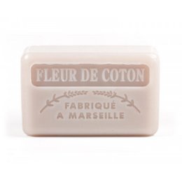 Handmade Marseille soap bar with cotton flower scent. Rectangular shape, light pink color.