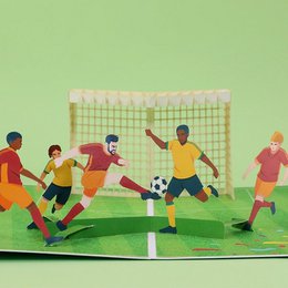  3D football-themed gift card for Father's Day, featuring soccer players and a soccer ball in the goal net.