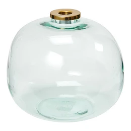 "Large, round glass vase/candlestick in a clear, transparent color with a gold-colored metal rim at the top."