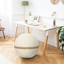  A large, round, off-white chair with a wooden base and frame. The chair appears to be made of a soft, velour-like material and is suitable for use in an office or home setting.