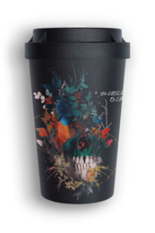 A black travel cup with a vibrant floral design featuring a variety of colorful flowers and foliage against a dark background.