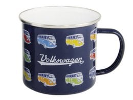 Enamel mug featuring a colorful pattern of Volkswagen T1 buses in various colors. The mug has a capacity of 500ml and comes in a gift box.