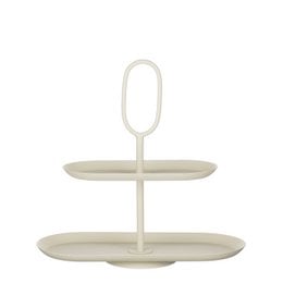 Cream-colored two-tier tray with oval shape and metal frame. Suitable for displaying small items or serving snacks.