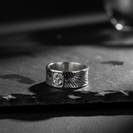 Silver ring with winged sun design, available in sizes 58-72 mm inner diameter.