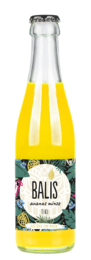 A 0.25 L glass bottle of Balis Tiki (Pineapple Mint) juice. The bottle has a yellow label with a pineapple and mint leaf design. The juice is served in a glass with a pineapple slice and mint sprig garnish.