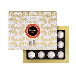 Box of 12 Marc de Champagne Truffles, seasonal chocolate with a festive pattern and red and gold accents.