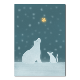A Christmas card featuring a polar bear and a cat silhouetted against a starry night sky. The card has a minimalist, winter-themed design with a single bright star in the sky.