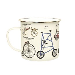 Enamel mug featuring a variety of vintage-style bicycle illustrations in blue, red, and green. The mug has a classic design with a metal rim and is suitable for hot and cold beverages.