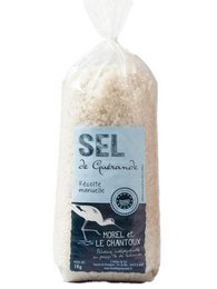 Traditional PGI Guérande salt - 1kg. White and gray coarse sea salt in a clear plastic bag.