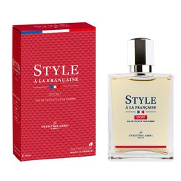 A men's fragrance with a French style, featuring a green glass bottle with a red and white label. The fragrance is described as "Style à la Française Sport - Eau de Toilette 100ml" and is categorized as a men's fragrance.