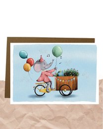 A postcard featuring a party cargo bike with colorful balloons and a plant-filled cart, perfect for birthday celebrations.
