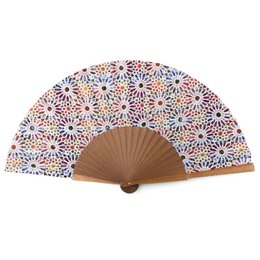  Decorative hand fan with a colorful Moorish tile-inspired pattern, made of silk and wood. Suitable for fashion, home decor, or as a unique accessory.