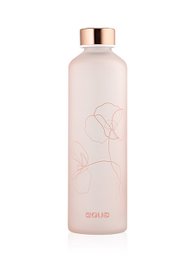 A glass water bottle with a floral design and a rose gold cap. The bottle has a sleek, minimalist style and is suitable for travel.