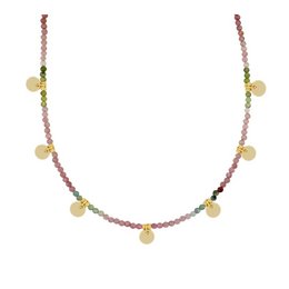 A colorful necklace made of turmalina beads in various shades of pink, green, and yellow. The necklace features a delicate chain with small round beads spaced evenly along its length, creating a visually appealing and healing-inspired design.