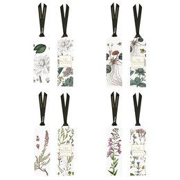 Elegant floral book markers featuring various botanical illustrations including fireweed, frogbit, water lilies, and heather. The markers have a sleek black ribbon design for easy use.