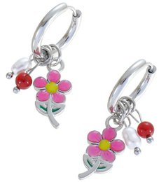  Silver stainless steel flower earrings with pink, red, yellow blooms and dangling beads, 3.5cm statement jewelry.