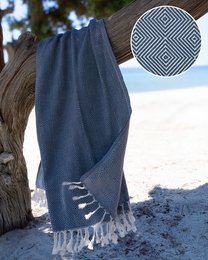 Blue and white patterned Turkish hammam towel with tassels, suitable for beach, spa, or sauna use.
