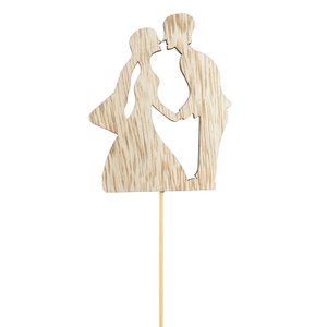 Houten bruidspaar om op te plakken, L8,5cm, B6,9cm, staaf: 23cm, naturel