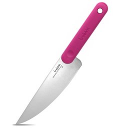 A sharp, stainless steel chef's knife with a vibrant pink handle. Suitable for a variety of kitchen tasks.